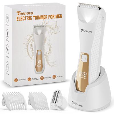 TEENOVA Pubic & Body Hair Trimmer for Men, 2 In 1 Electric Ball Groin Razor Shaver with Ceramic Blade, No Nick Mens Grooming Kits for Wet/Dry Use, Cordless Charging Body Groomer with Led Display,White