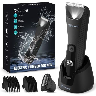 TEENOVA Pubic & Body Hair Trimmer for Men, 2 in 1 Electric Ball Groin Razor Shaver with Ceramic Blade, No Nick Mens Grooming Kits for Wet/Dry Use, Cordless Charging Groomer with Led Display, Black