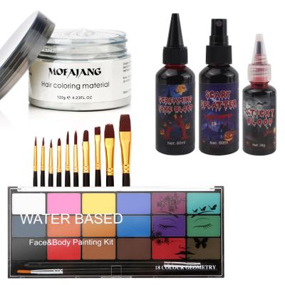 Halloween Kit, White Temporary Hair Dye Wax, Fake Blood Washable, Face Paint Kit, Painting Palette with Brushes Body Paint