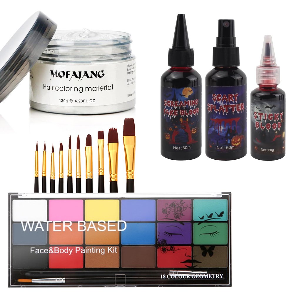 Halloween Kit, White Temporary Hair Dye Wax, Fake Blood Washable, Face Paint Kit, Painting Palette with Brushes Body Paint