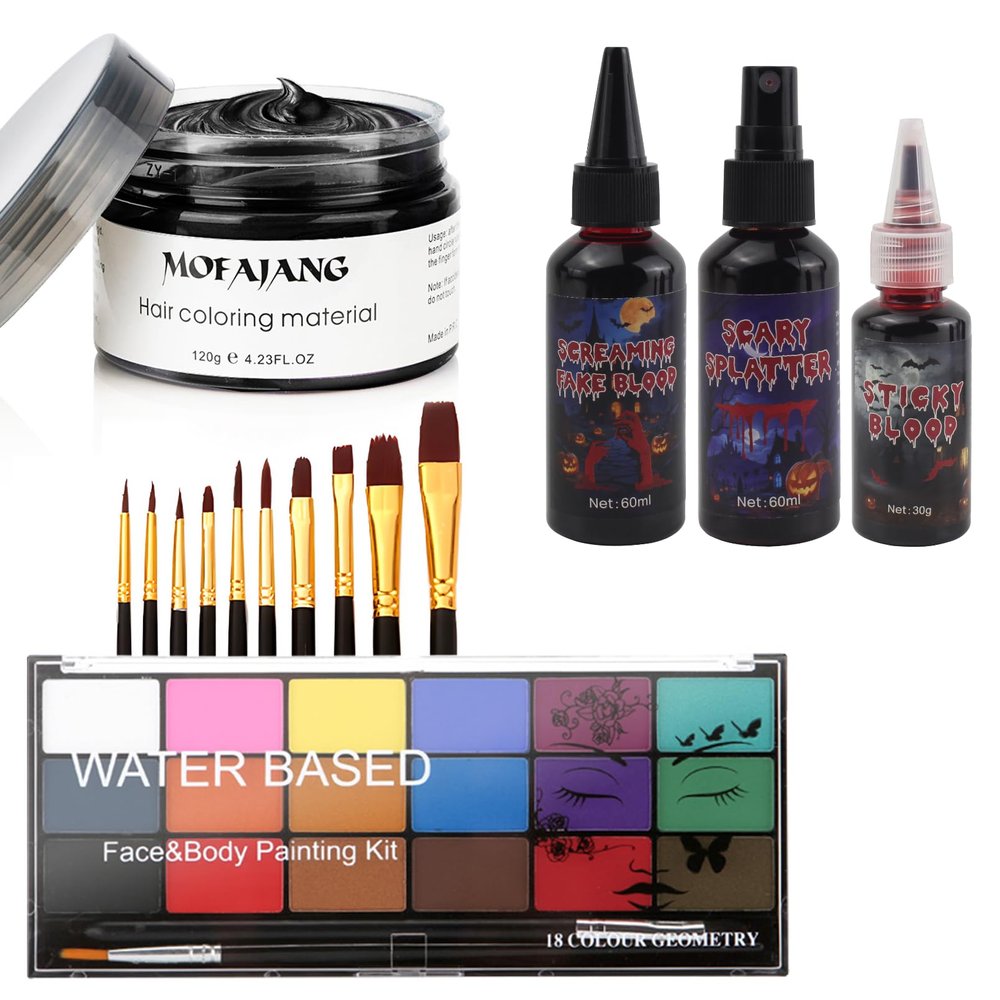 Halloween Kit, Black Temporary Hair Dye Wax, Fake Blood Washable, Face Paint Kit, Painting Palette with Brushes Body Paint