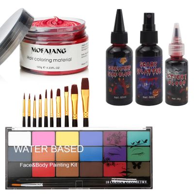 Halloween Kit, Red Temporary Hair Dye Wax, Fake Blood Washable, Face Paint Kit, Painting Palette with Brushes Body Paint