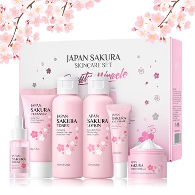 6Pcs Sakura Skincare Kit The Skin Care Set Includes Facial Cleanser, Toner, Lotion, Essence, Eye Cream And Face Cream Beauty Travel Skincare Gift Set, For Teenage Girls Women