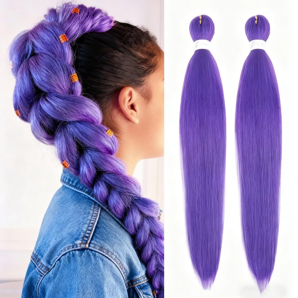Purple Braiding Hair,24 Inch Long Pre Stretched Hair Extensions Purple for Braids Kids,Women, Stage Party Wig Clip in Hairs Extensions Halloween Costume Cosplay Props for Girls 2PCS