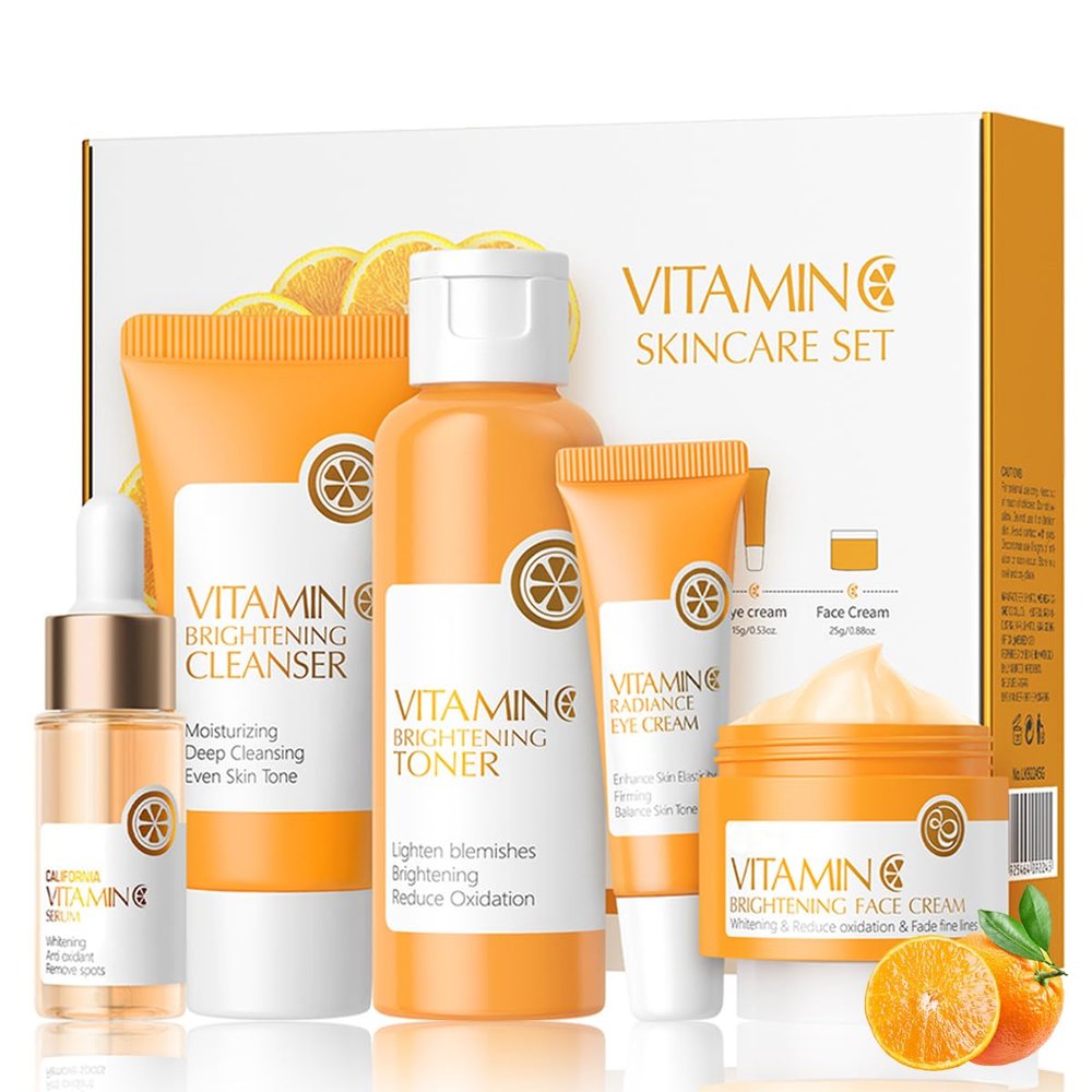 5PCS Vitamin C Skincare Set, Complete Face Care Kit with Cleanser, Toner, Serum, Eye Cream and Face Cream, Moisturizing Anti-Aging Skin