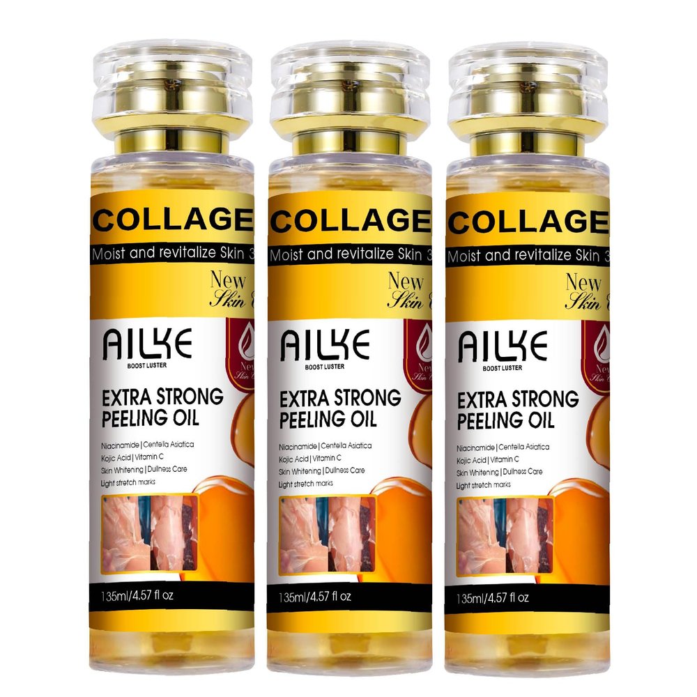 AILKE Collagen Yellow Strong Peeling Oil For All Skin Types, Improve Rough Skin, Gentle Exfoliation, with Kojic Acid, Vitamin C, 4.57 fl oz (Pack of 3)