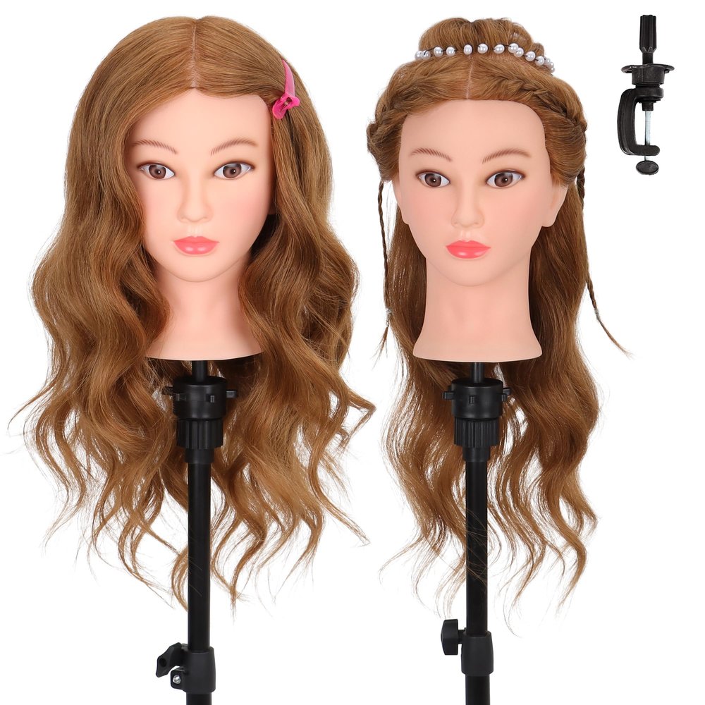 Mannequin Head for Hair Styling Practice 100% Human Hair with Stand, Realistic Rooted Training Head for Beauty School, Cosmetology, Wig Practice (Brown/Blonde) (Brown)