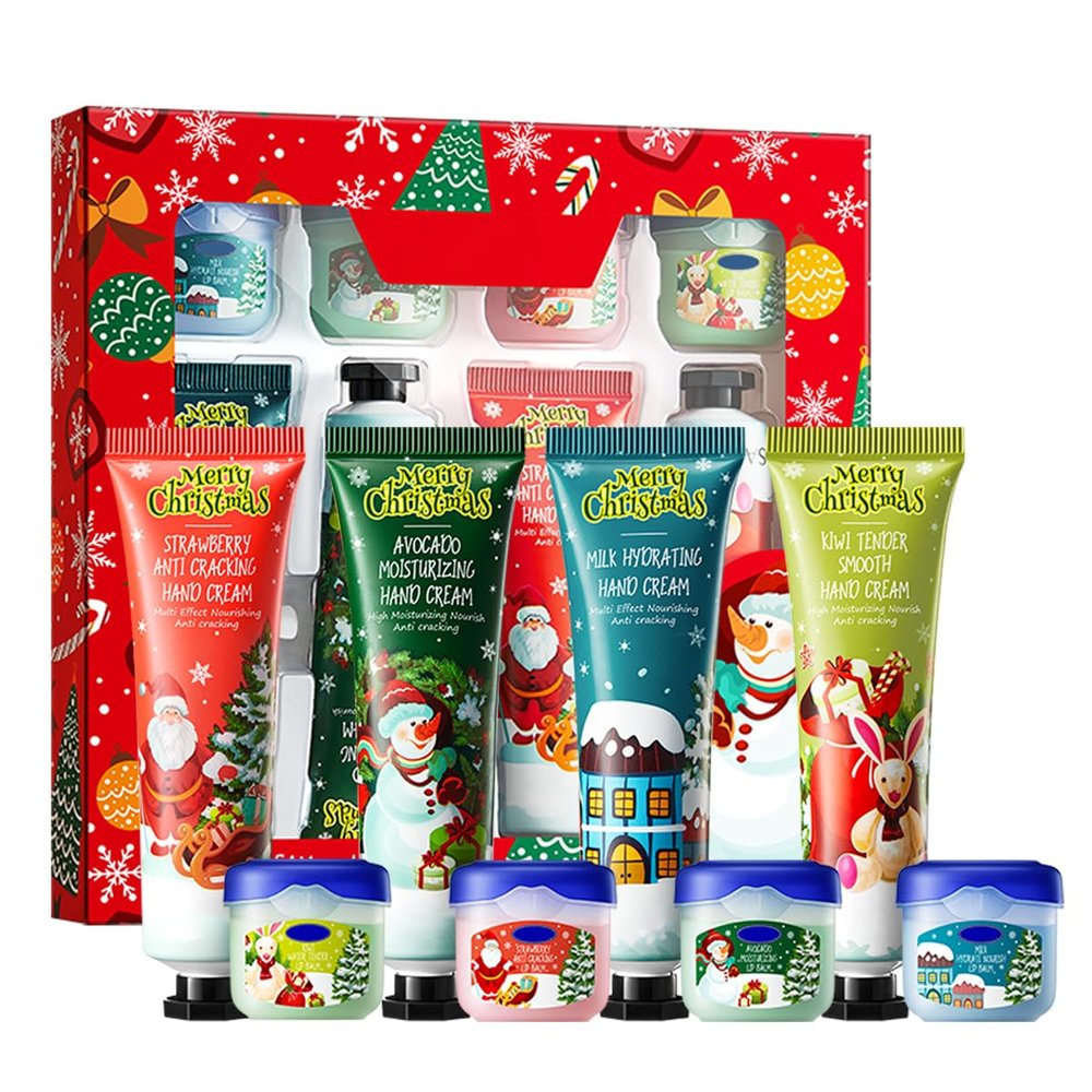 8 Pcs Moisturizing Hand Lotions and Lip Balms, Christmas Hand Lotion Lip Balm Gifts Set, Deep Moisturizing Lip Mask, Christmas Stocking Stuffers, Lip Care Balm, Hand Cream Gift for Women