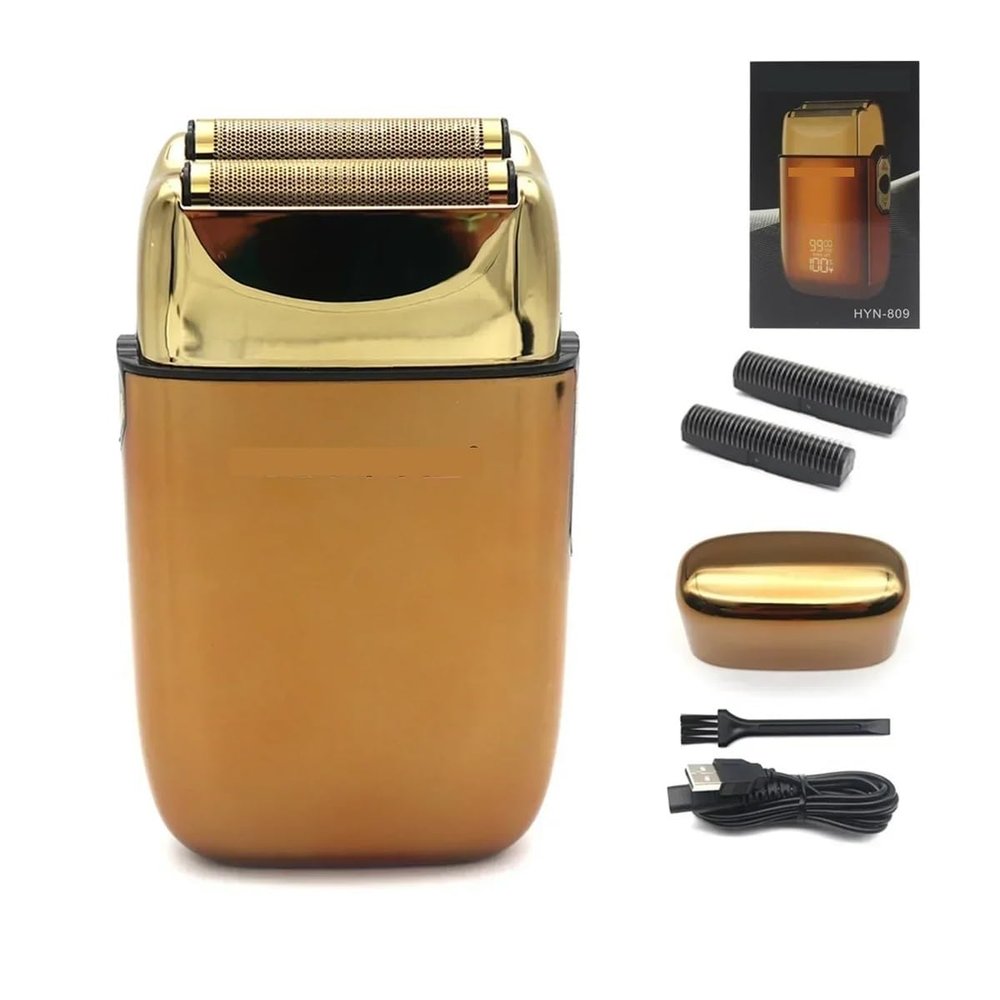 9900RPM USB Interface Cordless Electric Men's Professional Barber Razor LED Floating Double Knife Net Beard Trimmer Foil Male(Golde with Blade Box)
