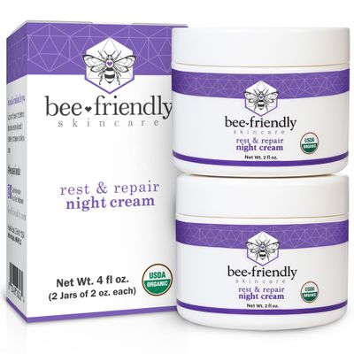 BeeFriendly Organic Night Cream, USDA Certified Organic, Deep Hydrating & Moisturizing Night Time Eye, Face, Neck & Decollete Cream for Women and Men, Anti Aging, Anti Wrinkle 4 oz (2 Jars in box)