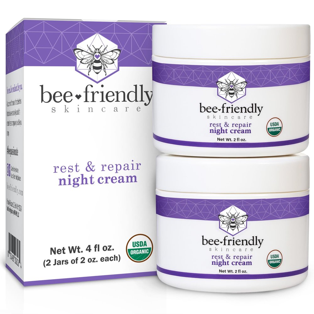BeeFriendly Organic Night Cream, USDA Certified Organic, Deep Hydrating & Moisturizing Night Time Eye, Face, Neck & Decollete Cream for Women and Men, Anti Aging, Anti Wrinkle 4 oz (2 Jars in box)