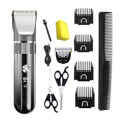 QICOQ Electric Hair Clipper Professional Trimmer Household Waterproof LED Display Men USB Charging Haircut Tools Set(Black-Set2)