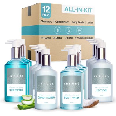 1-Shoppe Infuse 12 Piece Ecobox All-In-Kit | White Tea and Coconut Soap | 3 Shampoo, 3 Conditioner, 3 Body Wash and 3 Lotion | 10.14 oz Hotel Soaps and Toiletries Bulk | Personal Care Products