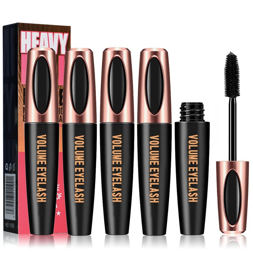 4D Silk Fiber Lash Mascara, Black Mascara Lengthens And Volumizes, Long-Lasting Waterproof Smudge-Proof, Non-Flaking Natural No Clumping Thickens, Hypoallergenic Formula (4 Packs)