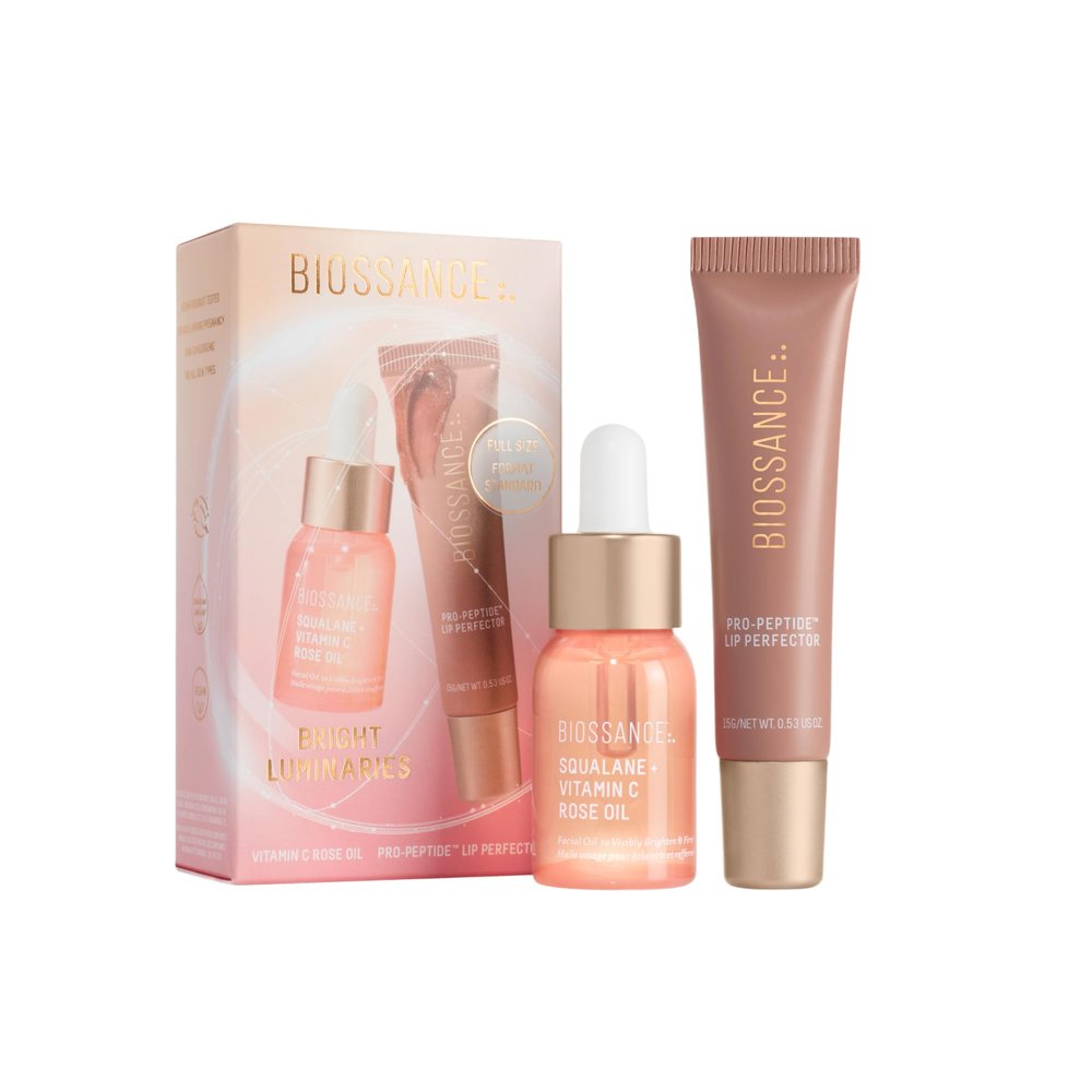 Biossance Bright Luminaries Set Vitamin C Rose Oil & Lip Perfector Travel Duo for Brighter, Hydrated Skin and Lips | Limited-Edition Gift Set ($47 Value)