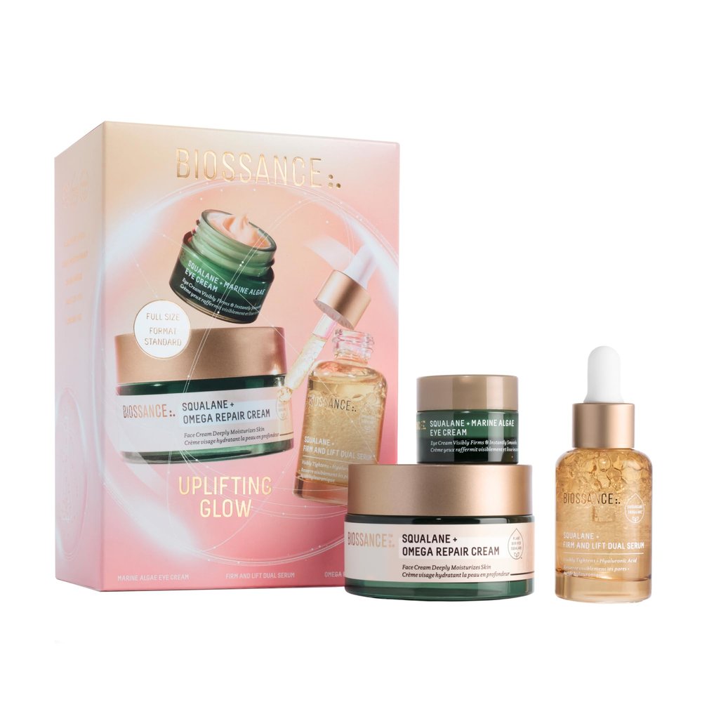Biossance Uplifting Glow Holiday Set, Firm and Lift Serum, Marine Algae Eye Cream, Omega Repair Cream ($112 value), 1 Set