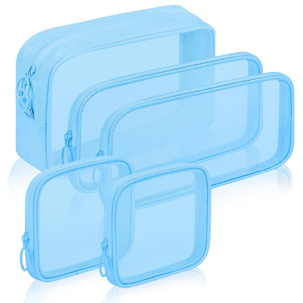 Sinzip 5 Pieces Mini Zipper Nylon Mesh Pouch, Mesh Cosmetic Bags Makeup Bags, Multipurpose Travel Toiletry Bags for Office Supplies and Travel Accessories (Blue, Assorted Sizes)