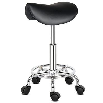 Adjustable PU Leather Saddle Stool with Foot Rest, Swivel Rolling Chair for Beauty Salon, Spa, Massage, Medical Use - White