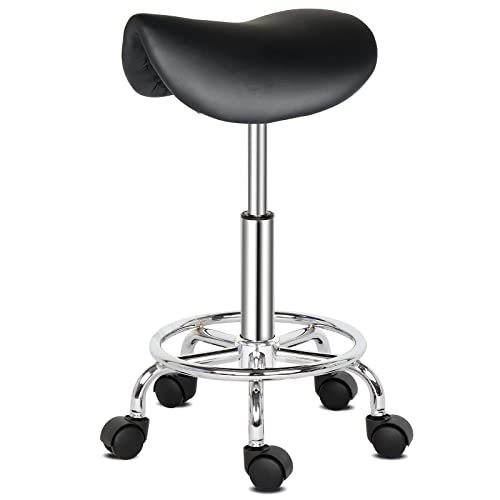 Adjustable PU Leather Saddle Stool with Foot Rest, Swivel Rolling Chair for Beauty Salon, Spa, Massage, Medical Use - White