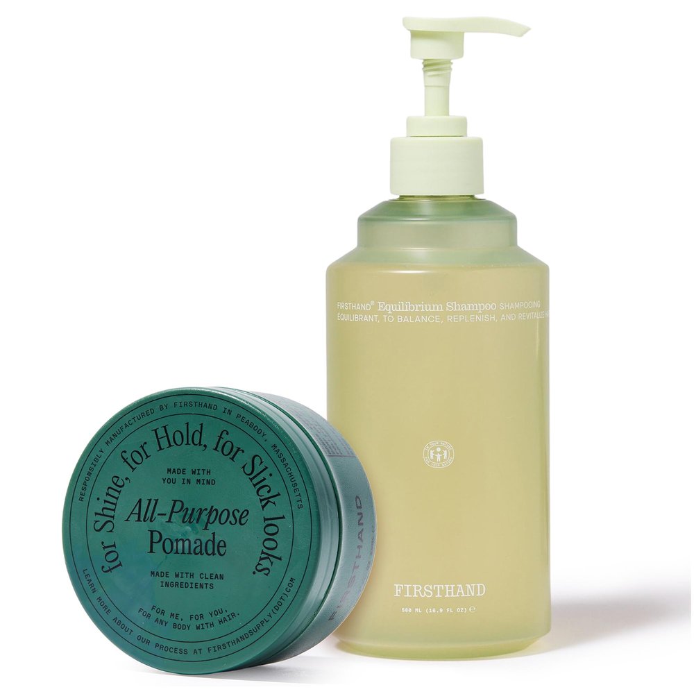 Firsthand Supply Equilibrium Shampoo 16.9oz & All-Purpose Pomade 3oz Bundle Hydrating, Strengthening Shampoo for Men & Women Flexible Firm Hold Pomade with Natural, Low Shine for All Hair Types