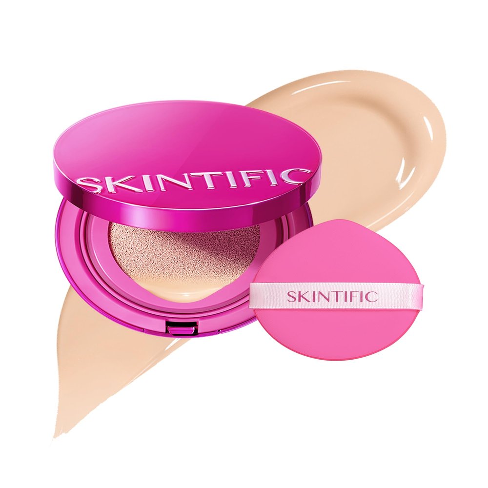SKINTIFIC Pink Glow Cushion Foundation #00 Porcelain| Medium Coverage, Natural Dewy Glow Finish, Moisturizing for Dry Skin, Lightweight, Long-Lasting & Oxidation-Resistant