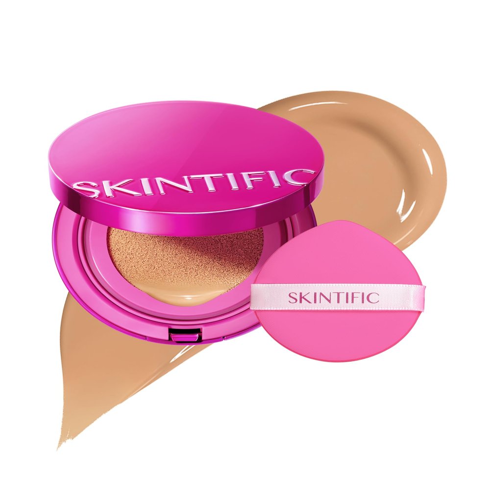 SKINTIFIC Pink Glow Cushion Foundation #04 Beige| Medium Coverage, Natural Dewy Glow Finish, Moisturizing for Dry Skin, Lightweight, Long-Lasting & Oxidation-Resistant