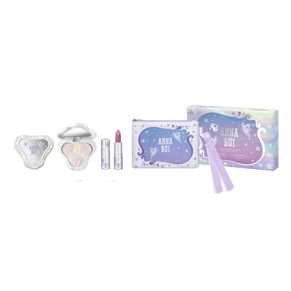 ANNA SUI Makeup Collection Holiday Gift Set, Eye & Face Palette + Lipstick, Fantasy Snow & Color, 02 Elegant Warm Coffret, Uplifting Sweet Bloom Palette & PInk Lipstick