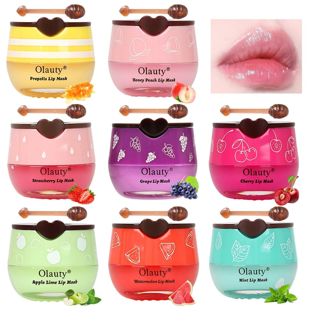 8 PCS Bee Lip Balm Honey Pot, Strawberry, Watermelon, Apple Lime, Cherry, Mint, Grapes & Peach Flavors Honey Sleeping Lip Balm Bulk, Moisturizing Lip Mask Overnight Reduces Lip Lines, Cracked Lip Care