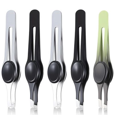 5Pcs Slant Tip Tweezers for Women Facial Hair Ingrown Eyebrow Tweezers Non Slip Stainless Steel Ingrown Hair Tweezer with Non-Slip Grip, Black, Silver, Green