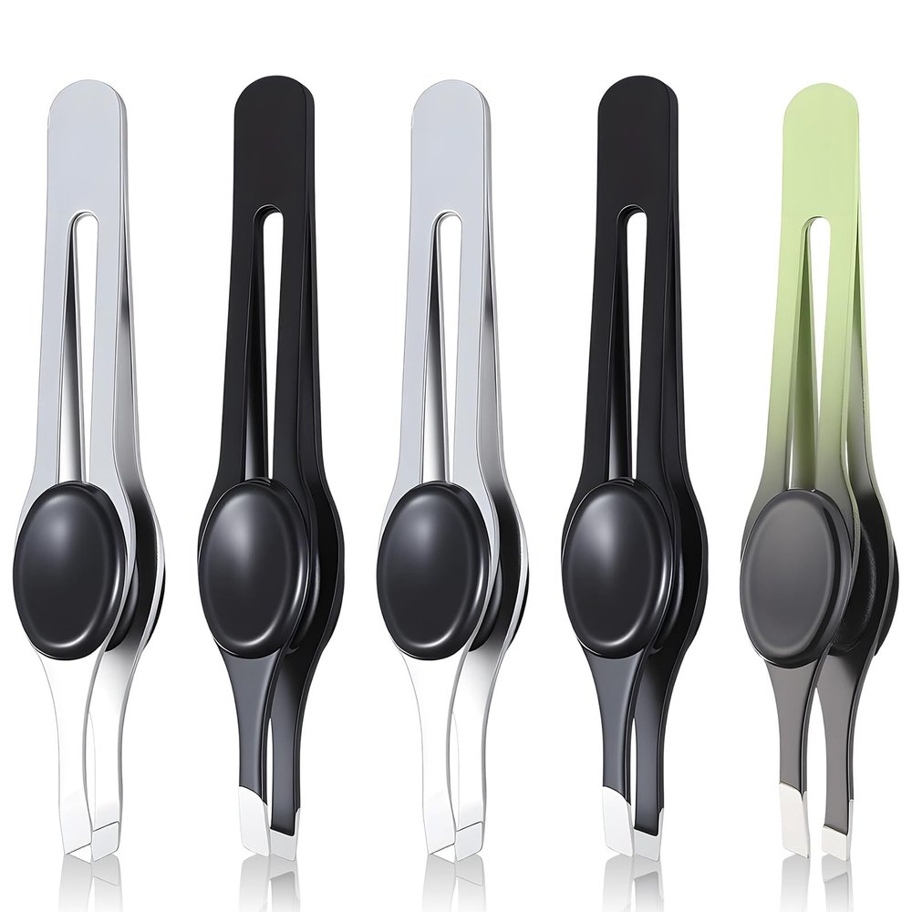5Pcs Slant Tip Tweezers for Women Facial Hair Ingrown Eyebrow Tweezers Non Slip Stainless Steel Ingrown Hair Tweezer with Non-Slip Grip, Black, Silver, Green