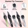 5Pcs Slant Tip Tweezers for Women Facial Hair Ingrown Eyebrow Tweezers Non Slip Stainless Steel Ingrown Hair Tweezer with Non-Slip Grip, Black, Silver, Green view 3