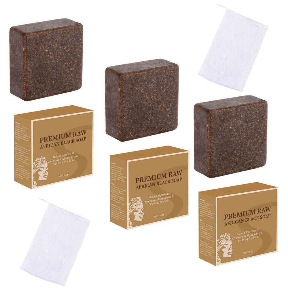 3PCS Premium Raw African Black Soap Blackhead Dark Spots Shrink Pores Gentle Moisturizing Soothing Face Wash Cleanser
