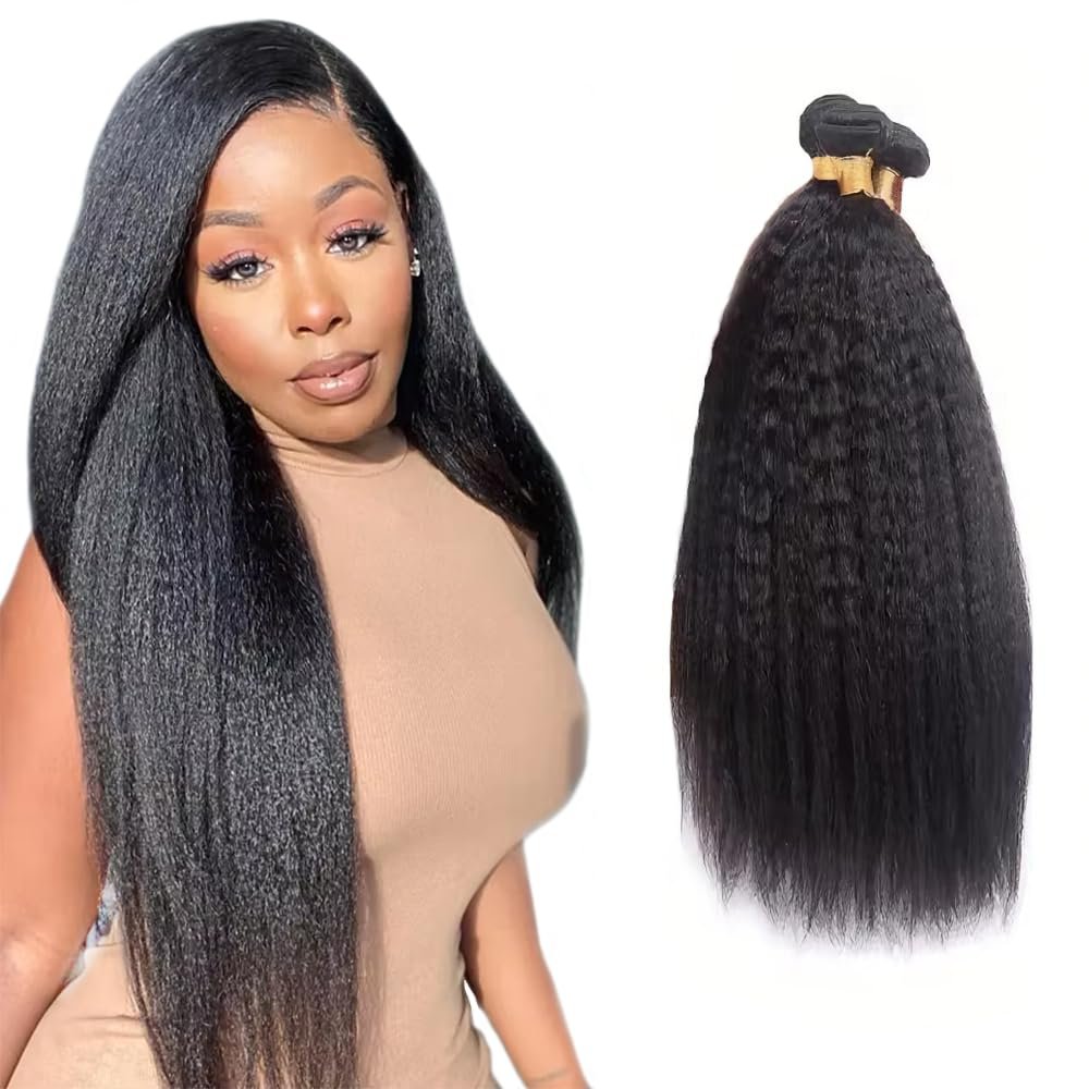 Kinky Straight Human Hair Bundle Yaki Straight Bundles Human Hair 30 32 34"