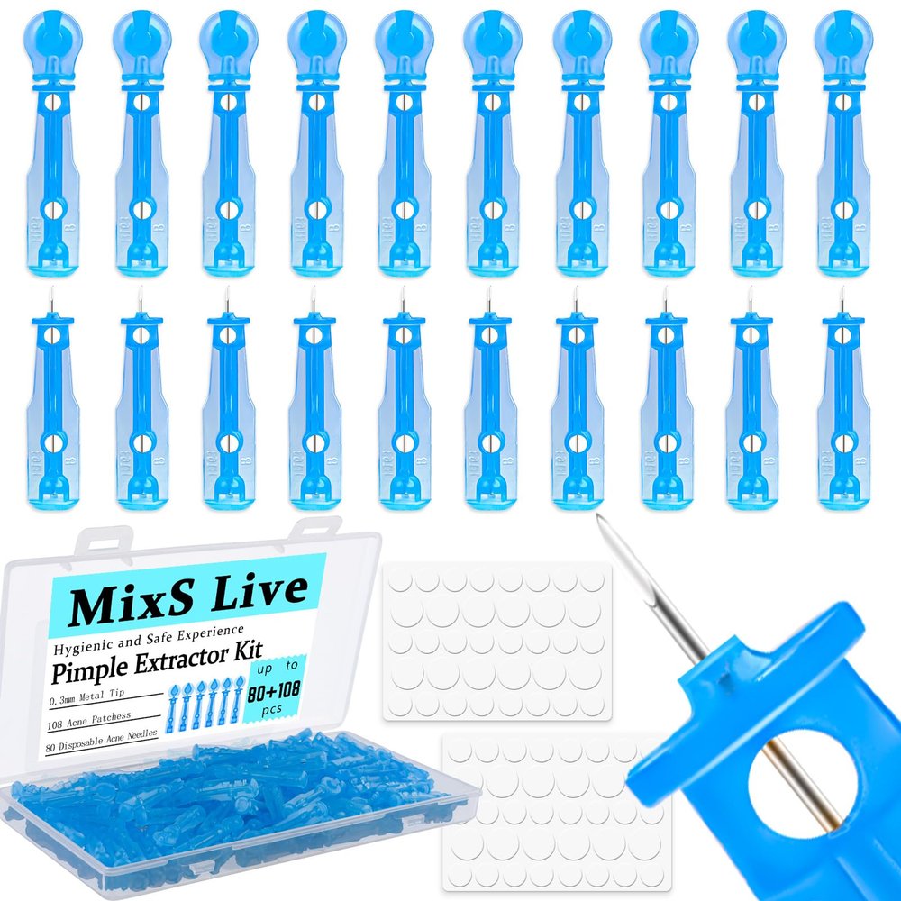 MixS Live Sterile Pimple Needle Kit - 80 pcs 0.3mm Ultra-Fine Acne Needles + 108 Dots Acne Pimple Stickers - Effective Blemish & Blackhead Removal Tools for Clear Skin