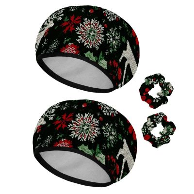 Reusable Shower Caps for Women, Christmas Red Green and White Snowflakes and Reindeer Waterproof Elastic Bath Hair Hats with Scrunchies for Long Hair Braids