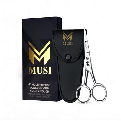 MUSI 4 Inch Eyebrow Scissors - Muti-purpose Small Scissors for Mustache, Beard, Nose Hair, Nail, Ear & Eyelash Trimming - Professional Stainless Steel Mini Grooming Scissors for Men Women with Comb
