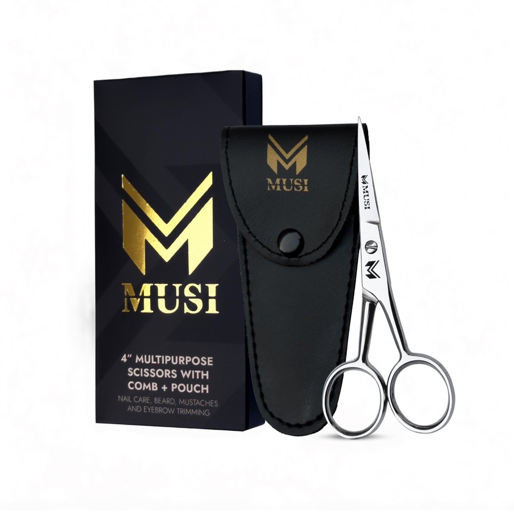 MUSI 4 Inch Eyebrow Scissors - Muti-purpose Small Scissors for Mustache, Beard, Nose Hair, Nail, Ear & Eyelash Trimming - Professional Stainless Steel Mini Grooming Scissors for Men Women with Comb