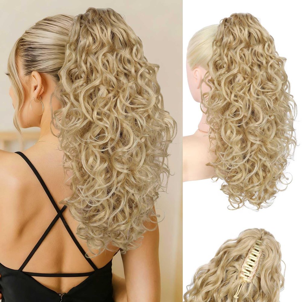 Flufymooz 100 Pure Protein Ponytail Extension, 18 Inch Curly Claw Clip Ponytail Hair Extensions Natural Soft pony tail hairpiece for women-Deep Blonde with Ash Blonde Highlights