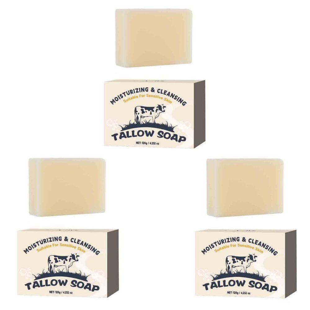 3PCS Natural Grass Fed Tallow Soap Skin Moisturizing Face & Body Wash Beef Tallow Bar Handcrafted Bath Soap Skin Moisturizing Care