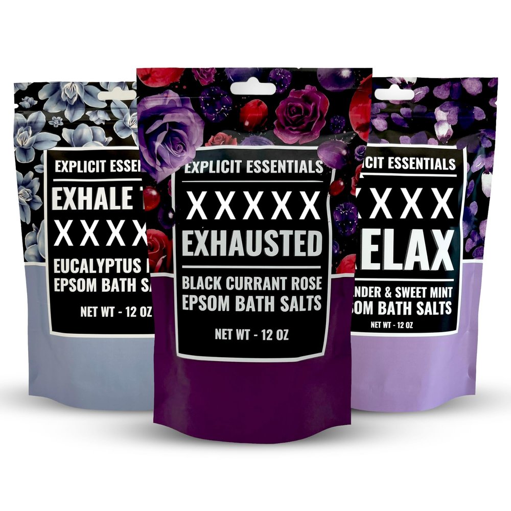 Explicit Essentials Bath Salts Gift Set | 3 Relaxing Epsom Salt Bath Soaks | Aromatherapy Epsom Salt Variety Pack for Stress Relief, Muscle Recovery & Self-Care Gifts