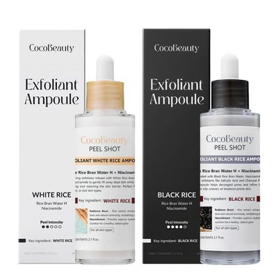 COCOBEAUTY Peel Shot Glow Rice Ampoule Duo, Daily White Rice Ampoule + Weekly Black Rice + Activated Charcoal, Vegan, Cruelty-Free Skin Treatment 2x80ml