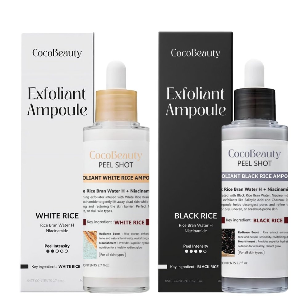 COCOBEAUTY Peel Shot Glow Rice Ampoule Duo, Daily White Rice Ampoule + Weekly Black Rice + Activated Charcoal, Vegan, Cruelty-Free Skin Treatment 2x80ml