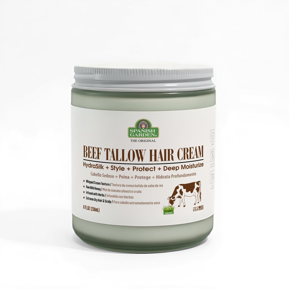 Spanish Garden Beef Tallow Hair Cream  Organic Moisturizing & Styling Balm for All Hair Types  Natural Hair Cream Hydrates, Styles & Protects  Ideal Beef Tallow for Hair Growth - American Made 8oz