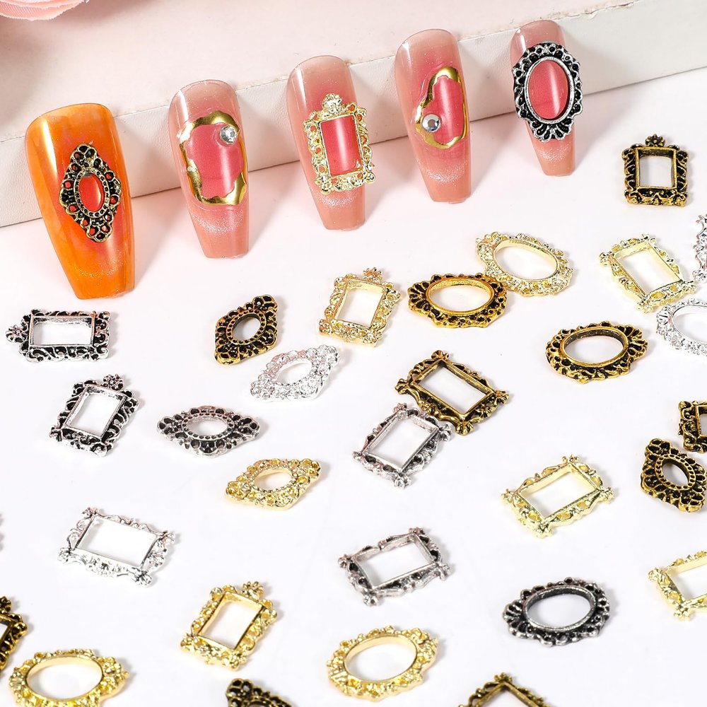 64 PCS Gothic Frame Nail Charms, Punk Metal Nail Charms Engraved Nails Frame Charm 3D Nails Art Charm for Nailss Metal Retro Gold Silver Manicure Jewels Art Decoration for Women DIY Craft