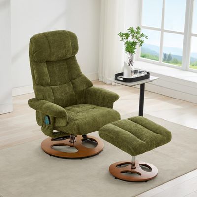 010-Ergonomic Recliner Chair with Ottoman, Modern 360 Swivel Lounge Chair with Footstool, Chenille Fabric, 5 Point Vibration Massage, Seat Heating & 140 Adjustable Backrest for Home or Office, Green
