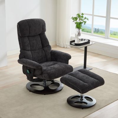 010-Recliner Chair with Ottoman, Modern 360 Swivel Lounge Chair with Footstool, Chenille Fabric, 5 Point Vibration Massage, Seat Heating & 140 Adjustable Backrest for Home or Office, Dark Grey