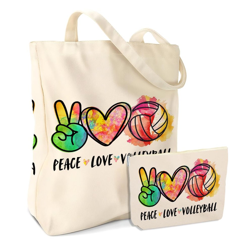 Volleyball Gifts, Volleyball Gifts for Teen Girls Team Sports Volleyballs Player Lover Coach Fans Birthday Christmas Graduation 2PCS Cosmetic Bags Canvas Tote Bag Beach Bag with Pocket Makeup Bags