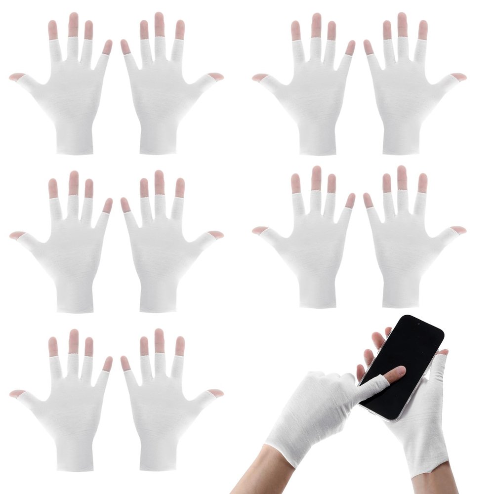 Andibro 5Pairs White Fingerless Cotton Gloves, Eczema Cotton Gloves for Dry Hands White Fingerless Gloves for Sleeping Touchscreen Spa Skin Treatment