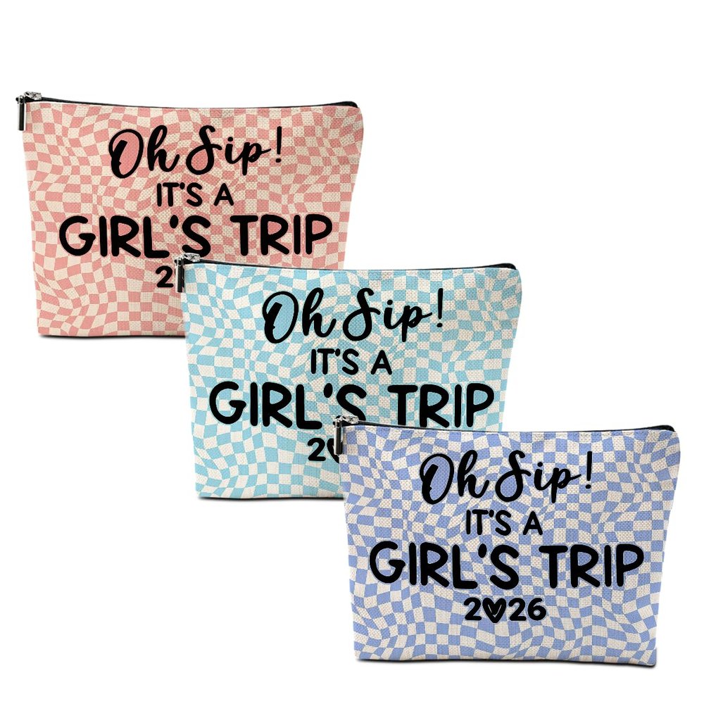 3 Pcs Girl Trip 2026 Cosmetic Bag Retro Plaid Makeup Bag Girls Trip Gifts Favors Girls Weekend Gifts Travel Christmas Funny Friendship Gift for Women Sisters Bachelorette Party Birthday Graduation