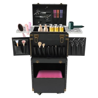32.28inch Beauty Salon Luggage, Hairdressing Case, Retro Train Case, Large Capacity Hairdressing Trolley, for Manicurists, Hairstylists, Beauticians, Black